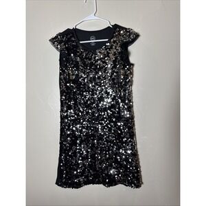 Wonder Nation Black Sequin Party Dress Girls Sz L 10/12 Cap Sleeve Mix Media